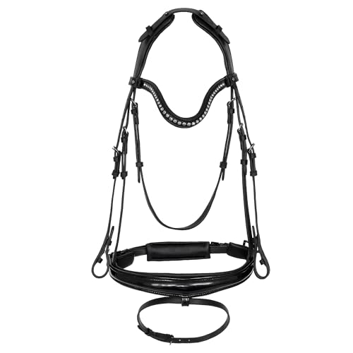 Start Pferdetrense – anatomisches Trensenzaum aus Leder mit Lackleder & Strass Stirnband – weich gepolstertes Genickstück – inkl. Zügel – für Training & Turnier - Arcadia (Schwarz, Pony) von START ENJOY THE RIDE