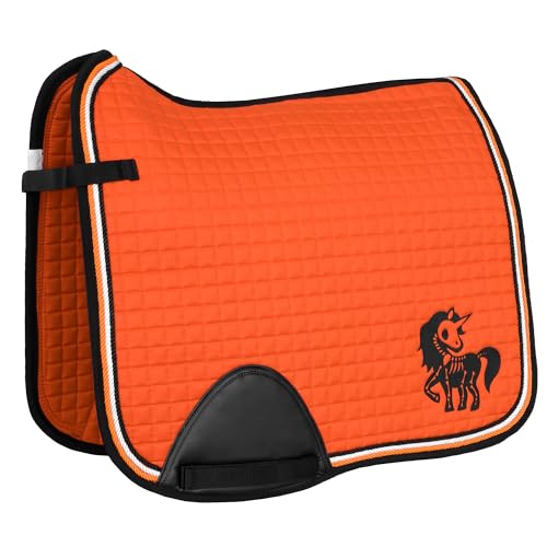 Start Schabracke Pferd für Halloween – lustige Satteldecke mit Kürbis Motiv – Schabracke orange für Herbst & Showreiten – bequem, stabil & auffällig (CreepyUnicorn, Dressur) von START ENJOY THE RIDE