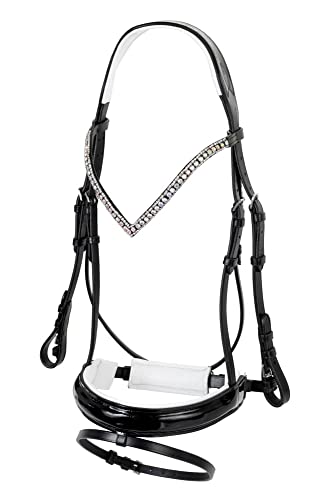 Start Woden Lederhufeisen mit gefütterten Diamanten, Cubic Zirkonia auf dem Gebiss, ideal für jedes Pferd und Pony (Pony, Schwarz/Weiß) von START ENJOY THE RIDE