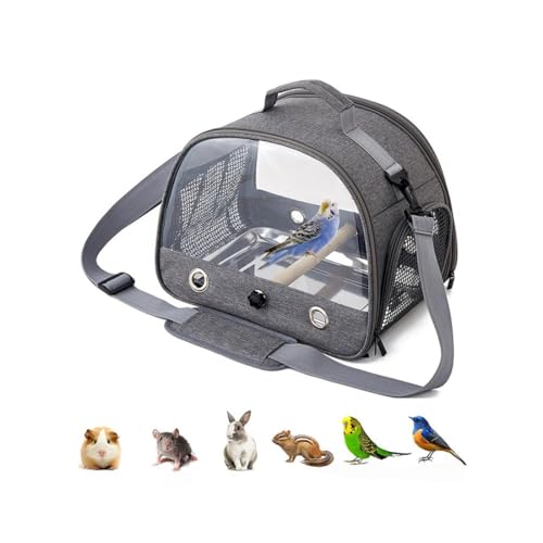 Vogel-Reiseträger mit Edelstahl-Tablett, Leichter, atmungsaktiver Papageienkäfig mit abnehmbarem Holzständer und langem Schultergurt, Vogelkäfige für Sittiche, Wellensittiche grau von STARTONYOU