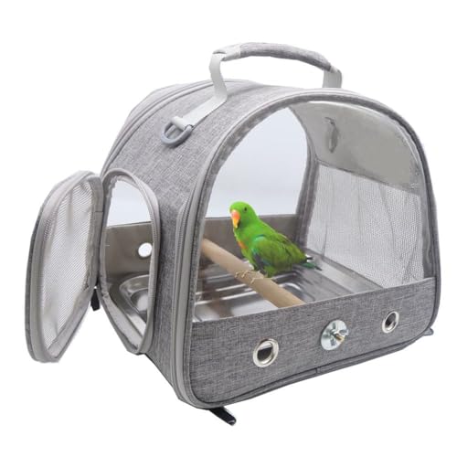 Vogel-Tragetasche mit Stehstange und Edelstahl-Tablett, atmungsaktiv, zusammenklappbar, für kleine Vögel, Reisetasche für Papageien, Sittiche, Kleintiere für Reisen, Wandern, Camping (grau) von STARTONYOU