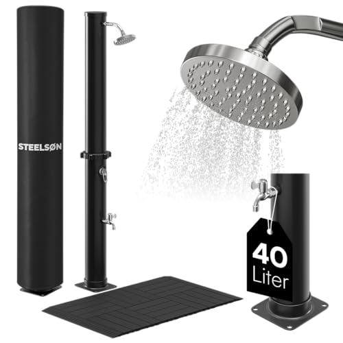 STEELSØN Solardusche Velion 40L mit Boden, Gartendusche Solar, Regendusche Dusche für Garten, Außendusche rund, schwarz von STEELSØN