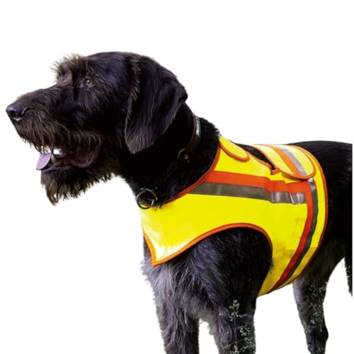 Hunde Signal Reflektor Warnweste für Drückjagd, Treibjagd, Straßenverkehr, sowie Spaziergänge bei Dunkelheit in Gelb Orange mit Reflektions-Streifen (S) von STEIGER
