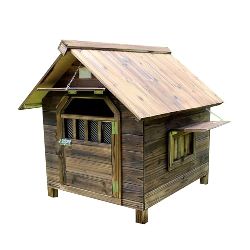 Hölzerne Hundehütte mit Fenstertür, Sonnenschutz, Welpenkäfig, karbonisiertes Tannenholz, wetterfeste Hundebox, Haustierhütte, ideal for kleine, mittlere und große Haustiere(Size:XX-Large) von STEPHM
