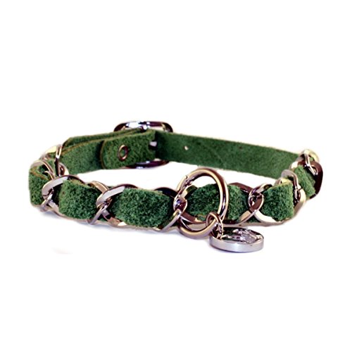 Halsband Silver Chain ONLY, Halsband für kleine Hunde, Lederhalsband, sehr weiches Wildleder Farbe grün, Größe 40 von STILHUND
