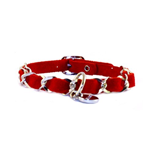 Halsband Silver Chain ONLY, Halsband für kleine Hunde, Lederhalsband, sehr weiches Wildleder Farbe rot, Größe 30 von STILHUND