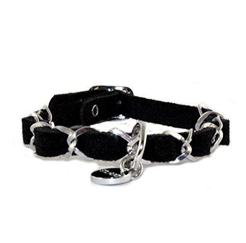 Halsband Silver Chain ONLY, Halsband für kleine Hunde, Lederhalsband, sehr weiches Wildleder Farbe schwarz, Größe 40 von STILHUND
