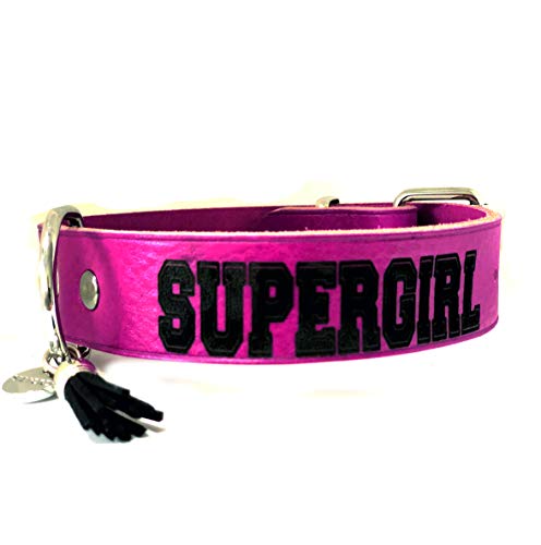 STILHUND Hundehalsband Supergirl, Lederhalsband, Dickleder, Gravur, Bezaubernde Nieten, für Mädchen, pink Größe 40 von STILHUND