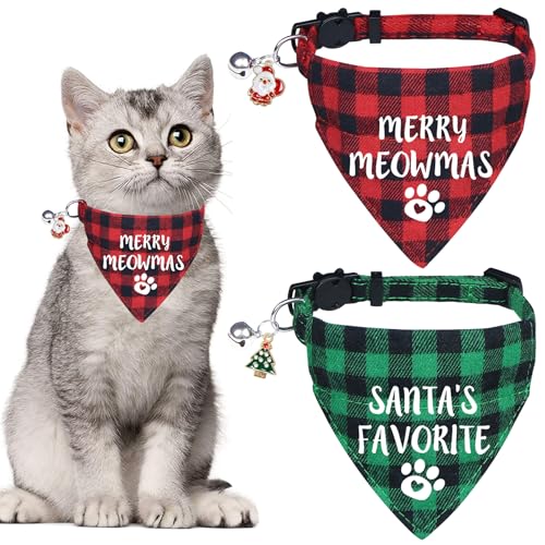 STMK 2 Stück Weihnachts-Katzen-Bandana-Halsband mit Glöckchen, Breakaway-Katzen-Bandana, Halsband mit Glocke, Weihnachtsmann, Weihnachtsbaum, für Weihnachten, Katzen, Kostüme, Outfits (Merry Meowmas & STMK 2 Stück Weihnachts-Katzen-Bandana-Halsband mit Glöckchen, Breakaway-Katzen-Bandana, Halsband mit Glocke, Weihnachtsmann, Weihnachtsbaum, für Weihnachten, Katzen, Kostüme, Outfits (Merry Meowmas & von STMK
