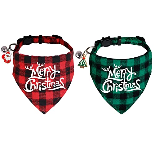 STMK 2 Stück Weihnachtskatze Bandana Halsband mit Glocke, Breakaway Weihnachtskatze Kätzchen Bandana Halsband mit Glocke Weihnachtsmann Weihnachtsbaum für Weihnachtskatzen Kätzchen Kostüm (rot und grün, frohe Weihnachten) von STMK