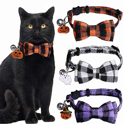 STMK 3 Stück Halloween-Katzenhalsbänder mit Fliege Glocke, Breakaway Katze Kätzchen Halsband mit Glocke Fliege Kürbis Geist für Halloween Katzen Kätzchen Kostüme Outfits von STMK