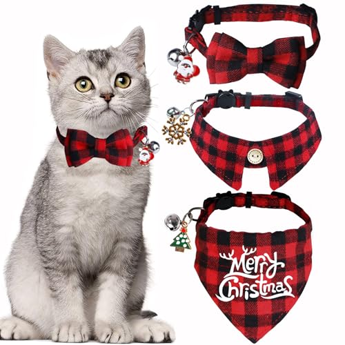 STMK 3 Stück Weihnachten Katzenhalsbänder mit Glocke, Breakaway Urlaub Weihnachten Katze Kätzchen Halsbänder mit Fliege Bandana Shirt Glocke Weihnachtsmann Weihnachtsbaum Schneeflocke für Weihnachten von STMK