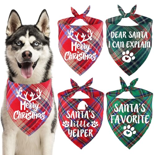 STMK 4 Stück Weihnachten Hund Bandanas, Hund Urlaub Weihnachten Halstücher Schal für kleine, mittelgroße und große Hunde (groß) von STMK