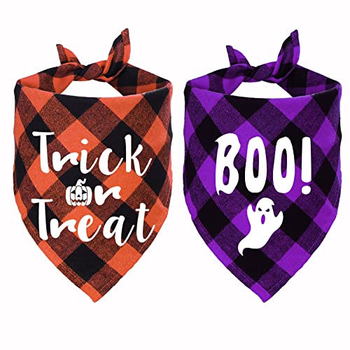 STMK Halloween Hundehalstücher, 2 Stück, Halloween Trick or Treat Boo Plaid Hundehalstuch für Halloween Urlaub Hund Welpe Kostüm Dekorationen (Orange und Violett) von STMK