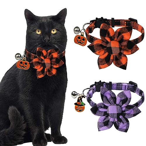 STMK Halloween-Katzenhalsbänder mit Blumenglocke, verstellbares Halloween-Katzenhalsband mit Glocke, Kürbis für Halloween, Katzen, Kätzchen, Kostüme, Outfits, 2 Stück von STMK