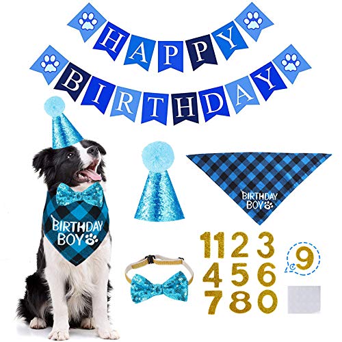 STMK Hund Geburtstag Bandana, Party Set, Junge Bandana Dreieckstuch mit niedlichem Nummer Hut Banner für Supplies (Hellblau) von STMK