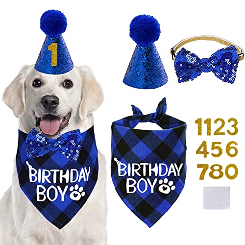 STMK Hund Geburtstag Party Supplies, Hund Geburtstag Bandana Junge und Hund Geburtstag Party Zahlen Hut mit Hund Fliege Halsband für mittelgroße große Hunde (blauer Stil) von STMK
