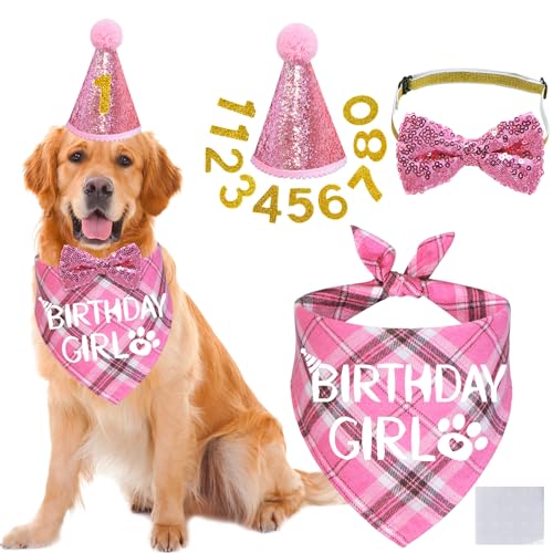 STMK Hunde-Geburtstags-Outfits, verschiedene Größen, Geburtstagshut, Hundegeburtstag, Mädchen, Bandana, Fliege, Geburtstagszahlen für große, extra große Hunde, Haustiere (Rosa, XL) von STMK