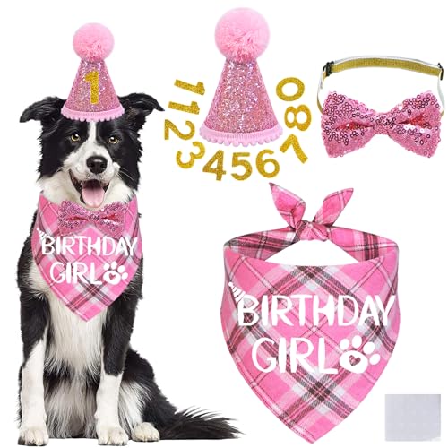 STMK Hunde-Geburtstags-Outfits, verschiedene Größen, Geburtstagshut, Hundegeburtstagsmütze, Mädchen, Bandana, Fliege, Geburtstagszahlen für mittelgroße und große Hunde, Haustiere (Rosa, L) von STMK