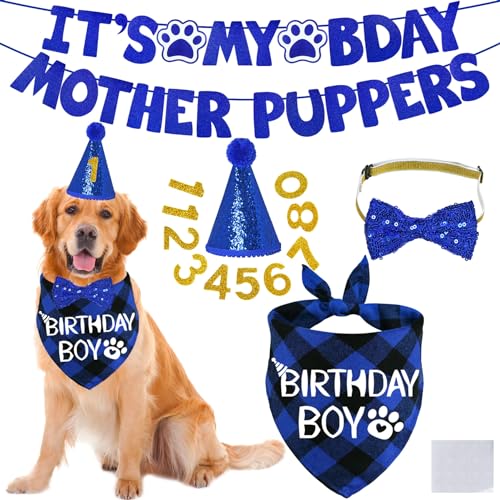 STMK Hunde-Geburtstagsdekoration, verschiedene Größen, Hunde-Geburtstagshut, Hunde-Geburtstagstuch, Bandana, Fliege, Geburtstagszahlen, It's My Bday Mother Puppers, Banner für große, extra große von STMK