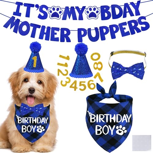 STMK Hunde-Geburtstagsdekoration, verschiedene Größen, Hunde-Geburtstagshut, Hunde-Geburtstagstuch, Bandana, Fliege, Geburtstagszahlen, It's My Bday Mother Puppers, Banner für kleine, mittelgroße von STMK