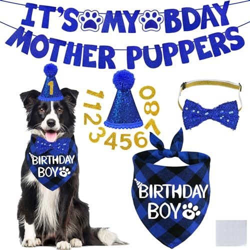STMK Hunde-Geburtstagsdekoration, verschiedene Größen, Hunde-Geburtstagshut, Hunde-Geburtstagstuch, Bandana, Fliege, Geburtstagszahlen, It's My Bday Mother Puppers, Banner für mittelgroße und große von STMK