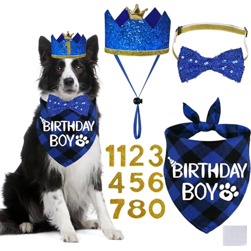 STMK Hunde-Geburtstagsparty-Zubehör, verschiedene Größen, Hunde-Geburtstagshut mit Zahlen, Hunde-Geburtstag, Junge, Bandana, Fliege für große, extra große Hunde, Haustiere (Blau, XL) von STMK