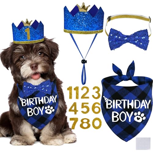 STMK Hunde-Geburtstagsparty-Zubehör, verschiedene Größen, Hunde-Geburtstagshut mit Zahlen, Hunde-Geburtstag, Junge, Bandana, Fliege für kleine Hunde, Haustiere (Blau, klein) von STMK
