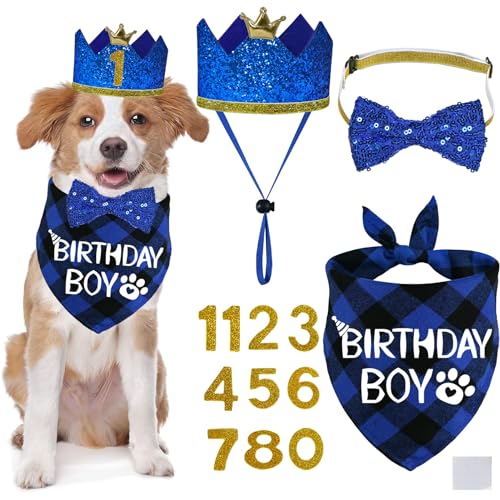 STMK Hunde-Geburtstagsparty-Zubehör, verschiedene Größen, Hunde-Geburtstagshut mit Zahlen, Hundegeburtstag, Junge, Bandana, Fliege für mittelgroße und große Hunde, Haustiere (blau, groß) von STMK