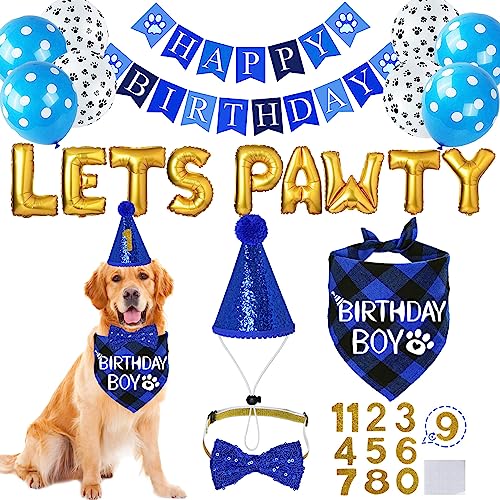 STMK Hundegeburtstags-Partyzubehör, mehrere Größen, Hundegeburtstag, Bandana für Jungen, Hund, Geburtstagshut mit Zahlen, Fliege, Geburtstagsbanner Lets PAWTY Luftballons für große, extra große Hunde, von STMK
