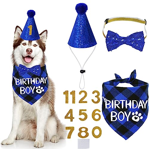 STMK Hundegeburtstags-Partyzubehör, mehrere Größen, Hundegeburtstagshut, Hundegeburtstag, Bandana, Jungen, Fliege, Geburtstagszahlen für große, extra große Hunde, Haustiere (XL, Blau) von STMK