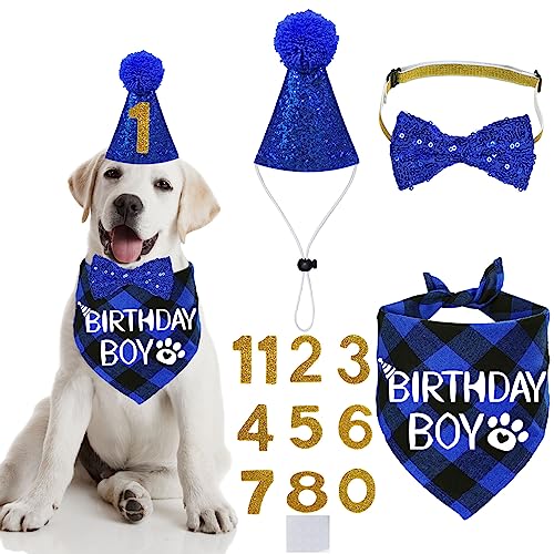 STMK Hundegeburtstags-Partyzubehör, mehrere Größen, Hundegeburtstagshut, Hundegeburtstag, Bandana, Jungen, Fliege, Geburtstagszahlen für kleine mittelgroße Hunde, Haustiere (klein, blau) von STMK