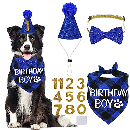 STMK Hundegeburtstags-Partyzubehör, mehrere Größen, Hundegeburtstagshut, Hundegeburtstag, Bandana, Jungen, Fliege, Geburtstagszahlen für mittelgroße und große Hunde, Haustiere (groß, blau) von STMK