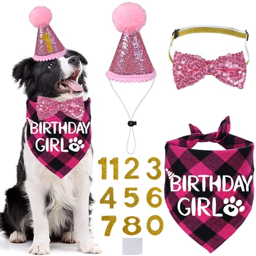 STMK Hunde-Geburtstagsparty-Zubehör, verschiedene Größen, Hunde-Geburtstagshut mit Zahlen, Bandana, Fliege für mittelgroße und große Hunde, Haustier-Geburtstags-Outfits (Rosa, L) von STMK