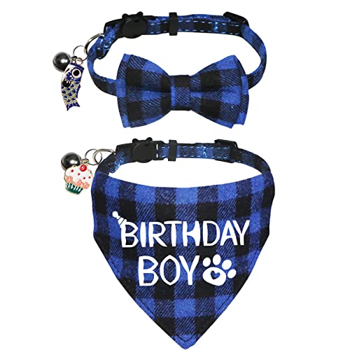 STMK Katze Geburtstag Halsband Bandana, Breakaway Plaid Katze Geburtstag Junge Bandana Katze Geburtstag Halsband mit Fliege Glocke Fisch Katze Geburtstag Kuchen Ornament für Katze Kätzchen Geburtstag Party Supplies von STMK