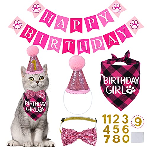 STMK Katzengeburtstagsparty-Zubehör, Katzengeburtstagshut mit Katzen-Geburtstag, Bandana, Fliege, Halsband, Geburtstags-Zahlen-Banner, Katzen-Geburtstagsdekorationen für Katze, Kätzchen, von STMK