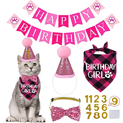 STMK Katze Geburtstag Party Supplies, Katze Geburtstag Hut mit Katze Geburtstag Bandana Fliege Halsband Geburtstag Zahl Banner Katze Geburtstag Dekorationen für Katze Kätzchen Geburtstag Outfits (Rosa) von STMK