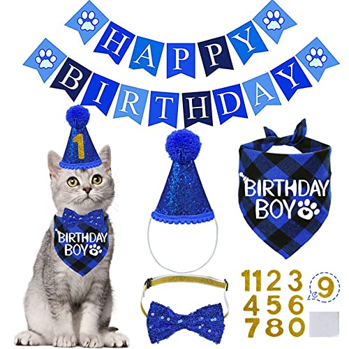 STMK Katze Geburtstag Party Supplies, Katze Geburtstag Hut mit Katze Geburtstag Bandana Fliege Halsband Geburtstag Zahl Katze Geburtstag Banner für Katze Kätzchen Geburtstag Outfit Dekorationen von STMK