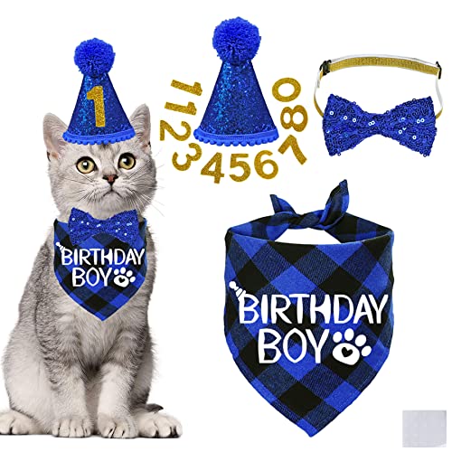 STMK Katzengeburtstagsdekoration, Katzen-Geburtstagshut mit Zahlen, Bandana, Fliege, Halsband für Katzen, Kätzchen, Kleidung, Geburtstags-Outfits von STMK
