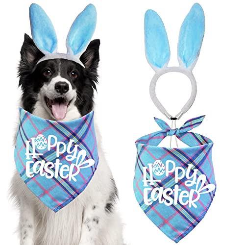 STMK Ostern Hund Bandana Hase Outfits, Osterhase Hund Stirnband Plaid Hund Osterhalstücher Häschen Kostüme für kleine, mittelgroße und große Hunde Osterkostüme (Hellblau) von STMK