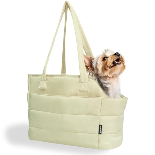 STRAODTIC Leichte Tragetasche für kleine Hunde unter 6,8 kg, gesteppte Haustier-Tragetasche für Welpen, mit Sicherheitsleinen-Clip, Damen-Hundetragetasche für Reisen/Einkaufen (Beige) von STRAODTIC