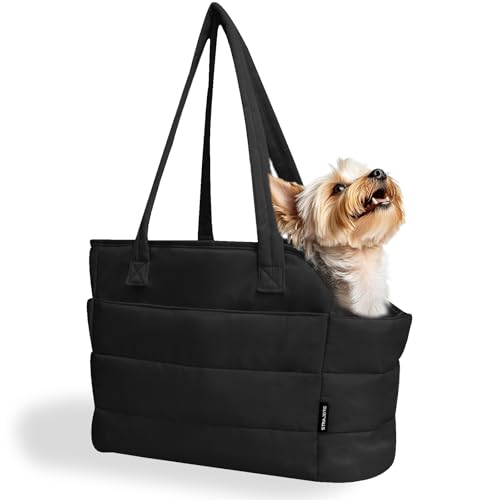 STRAODTIC Leichte Tragetasche für kleine Hunde unter 6,8 kg, gesteppte Haustier-Tragetasche für Welpen, mit Sicherheitsleinen-Clip, Damen-Hundetragetasche für Reisen/Einkaufen (schwarz) von STRAODTIC