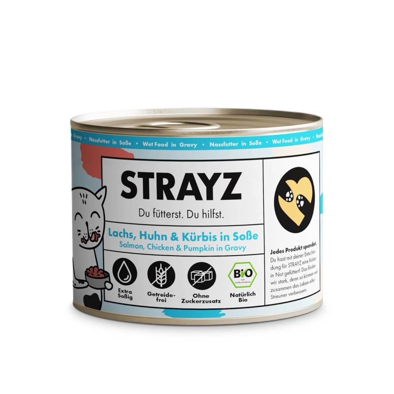 STRAYZ BIO Katze 6 x 200 g - Bio-Lachs, Bio-Huhn & Bio-Kürbis in Soße von STRAYZ