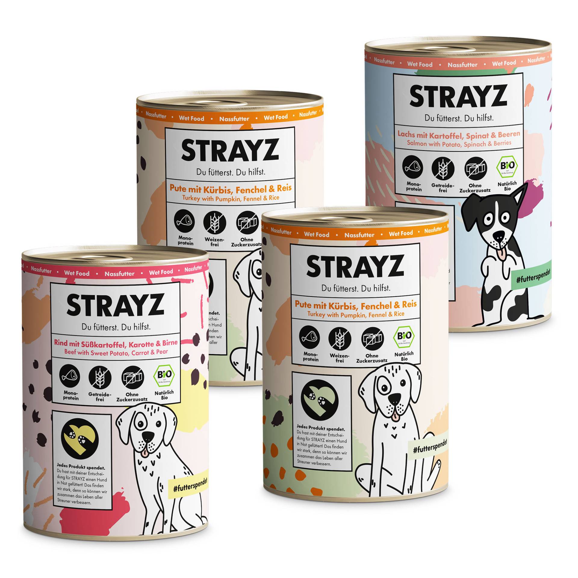STRAYZ BIO Nassfutter für Hunde 4 x 400 g - BIO Probierpaket (3 Sorten) von STRAYZ
