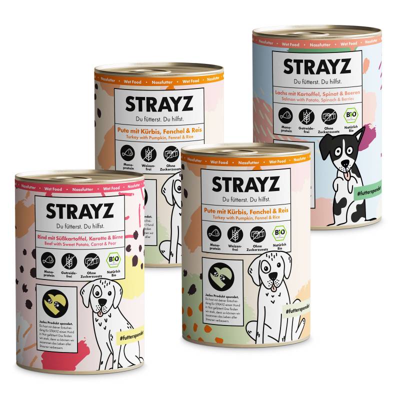STRAYZ BIO Nassfutter für Hunde 4 x 400 g - BIO Probierpaket (3 Sorten) von STRAYZ