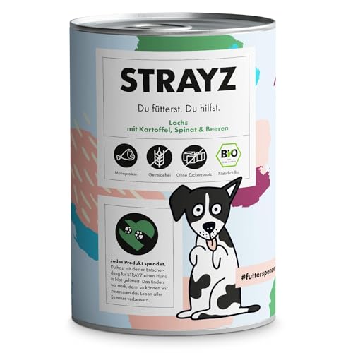 STRAYZ - Bio Hundefutter nass - Lachs mit Kartoffel, Spinat & Beeren | Getreidefreies Hundefutter - 100% Bio, ohne Zucker & ohne Bindemittel (6x400g) von STRAYZ