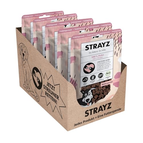STRAYZ – Bio Hundesnack Huhn – 100% Fleisch & Monoprotein, getreidefreie Leckerlies für Hunde ohne Zucker, Trainingssnack in Würfelform ohne Zusätze - 5x80g von STRAYZ