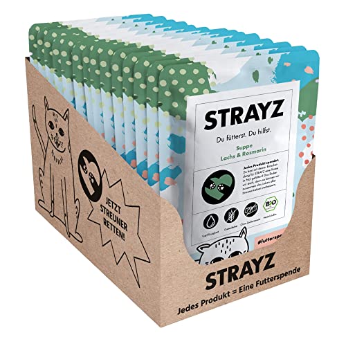STRAYZ Bio Katzen Suppe Lachs & Rosmarin - Katzensuppe ohne Zucker und Getreide - Spendet für Straßenkatzen - 14x40g von STRAYZ