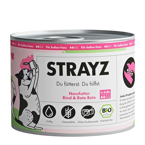 STRAYZ - Bio Katzenfutter in Soße - Rind & Rote Bete: Getreidefreies Nassfutter für Katzen hoher Fleischanteil ohne Zucker - Spendet für Straßenkatzen (6x200g) von STRAYZ