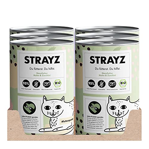 STRAYZ Bio Katzenfutter nass - Huhn & Zucchini: Getreidefreies Katzenfutter hoher Fleischanteil ohne Zucker - Spendet für Straßenkatzen - 6x400g Dose von STRAYZ